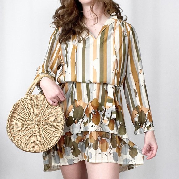 Stunning Vintage Mid Century Modern Pleated Striped Dress Oversized Set 50s 60s - Picture 2 of 10